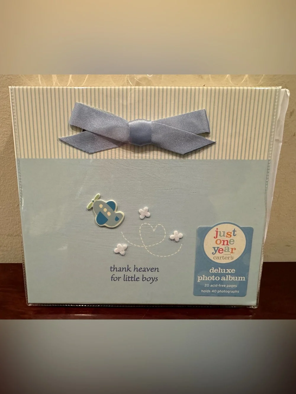 Carter's Blue Baby Boy Deluxe Photo Album with Bow & Airplane Accent NWT